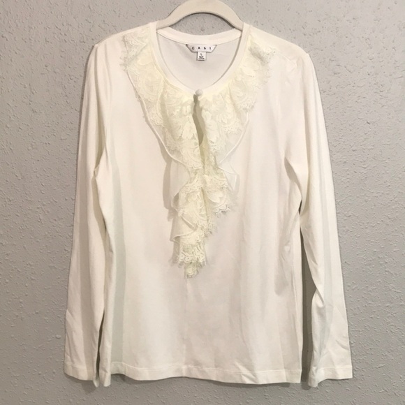 CAbi Off White Lace Ruffle Front Long Sleeve Stretch Knit T-Shirt size L - Picture 1 of 8